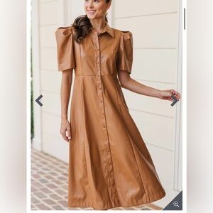 Faux leather puff sleeve size large Elegant Camel Button-Down Dress